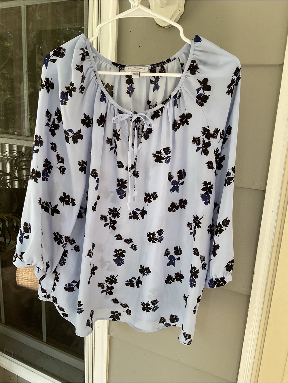 Carolina Belle Montreal Women's Blue Black Floral Top 3/4 Sleeve Blouse XL EUC
